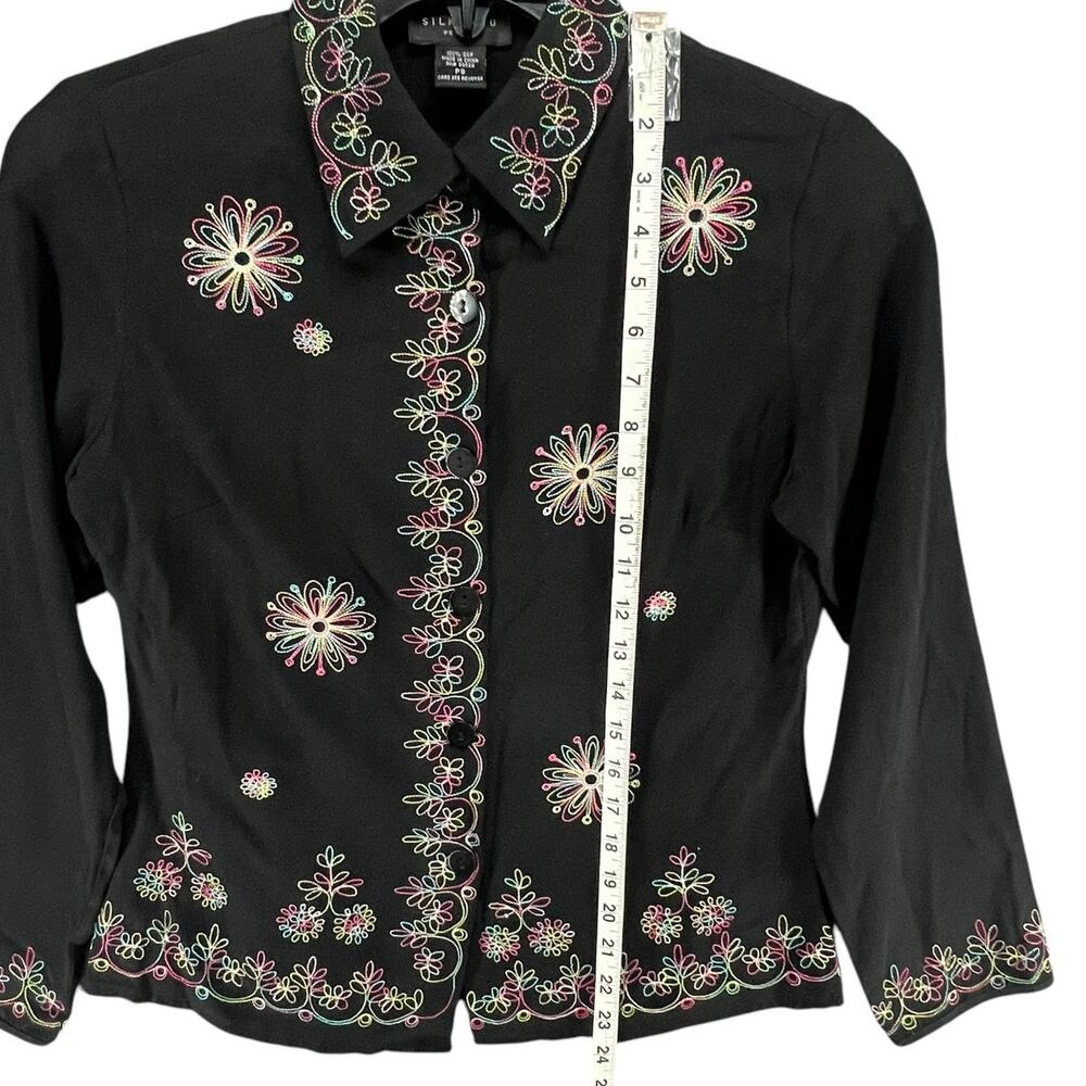 Silkland Y2K Shirt Women S Petite Black Silk Embroider Floral Button Up Boho Art - Picture 7 of 14